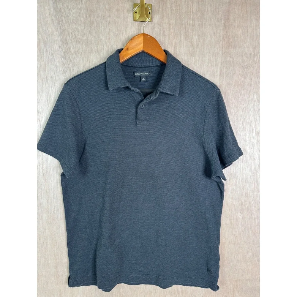 Banana Republic Mens Fitted Polo Shirt Navy Blue Grey Mini Stripe Short Sleeve L